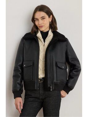 Ralph Lauren Black Label NWOT Black Faux Shearling Bomber Jacket Women’s Sz XL